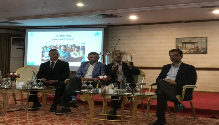 The image shows Khan Academy Pakistan (KAP) CEO Zeeshan Hasan (left) sitting with fellow board members at KAP launch event at Marriott Hotel, Karachi on December 26, 2024. — Photo by author