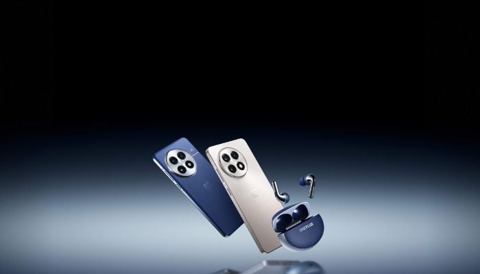 An undated image of OnePlus 13 smartphone and earbuds. — OnePlus