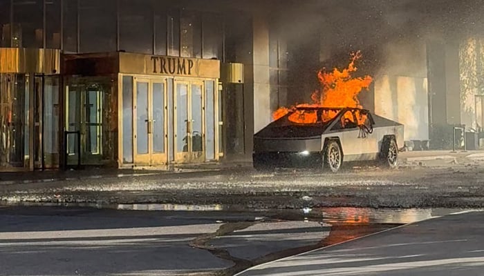 Flames rise from a Tesla Cybertruck outside the Trump International Hotel Las Vegas, in Las Vegas, Nevada, US, January 1, 2025 in this screengrab taken from a social media video. — Reuters