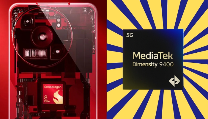 An undated image of Snapdragon 8 Elite and MediaTek’s Dimensity 9400. — Qualcomm/ MediaTek/ Canva