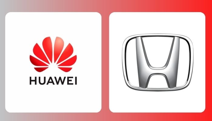 A undated image displaying Huawei (left) and Honda (right) logos. — Huawei/Honda/Canva