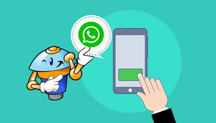 An illustration showing an animated robot holding a WhatsApp icon. — Pixabay