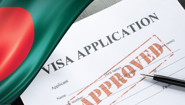 An undated image of a Bangladesh flag alongside a visa application. — Canva