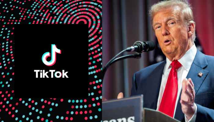 An image of TikTok logo and president-elect Donald Trump speaks at a meeting with House Republicans in Washington, DC, on November 13, 2024. —TikTok/Reuters/Canva