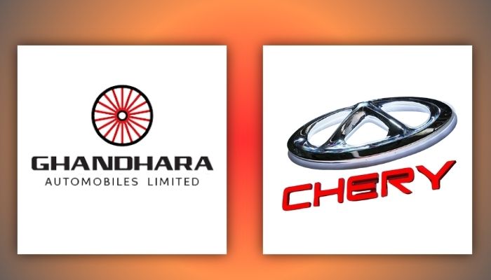 An undated image of Ghandhara Automobiles (left) and Chery Automobiles (right) logos. — Ghandhara/Chery/Canva
