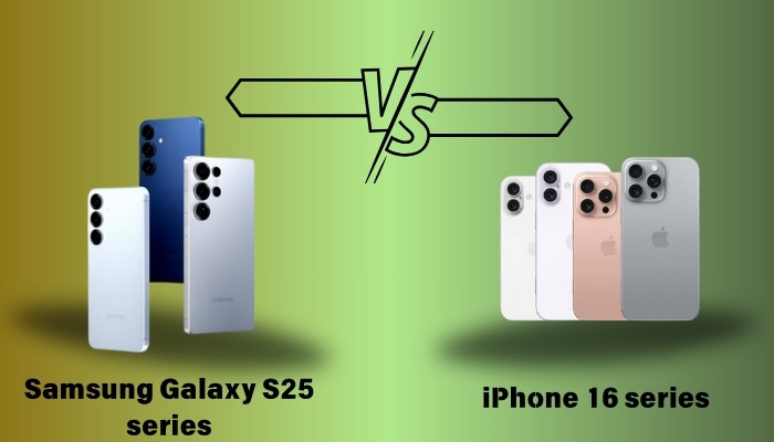 An undated image of Samsung Galaxy S25 series and iPhone 16 series. — Samsung/Apple/Canva