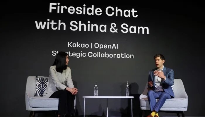 OpenAI CEO Sam Altman speaks with Kakao CEO Chung Shin-a during a press conference to announce partnerships on AI services, in Seoul, South Korea, February 4, 2025. — Reuters