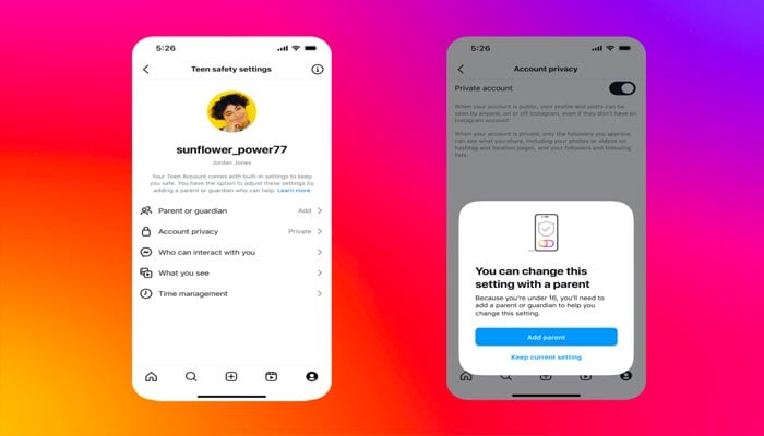 An undated image of Instagrams new feature of teen accounts with new safety settings. — Instagram