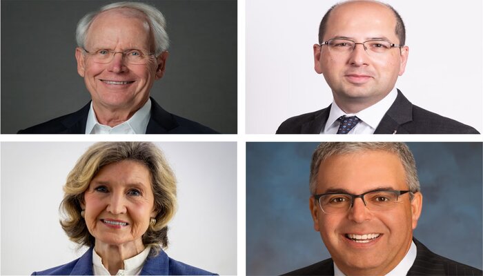 An undated image of Presidential Citation Award 2025 honorees, showing (clockwise from top left) John Adams, Amir Husain, The Honorable Kay Bailey Hutchison and Sam Susser. — UT Austin