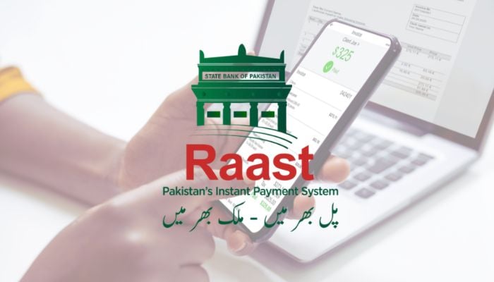 An undated image of Raast logo and a person transferring online payment via mobile. — Raast/Canva