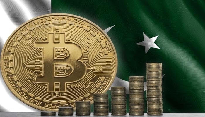 An undated image of Bitcoin along with Pakistan flag in background. — Shutterstock