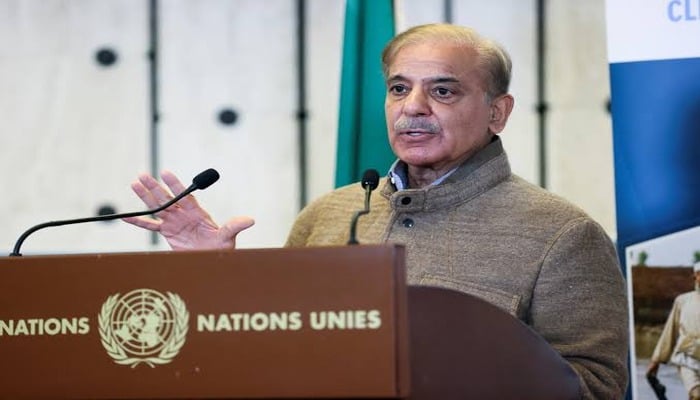 Pakistans PM Shehbaz Sharif speaks at a UN climate resilience summit in Geneva on Jan 9, 2023, months after deadly floods. — Reuters