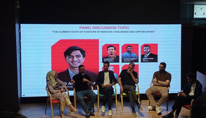 (From left) Urooj Zia, Atta Azad, M. Zeeshan, Kassim Shroff, Hamza Rauf and Saad Allahwala during a panel discussion in Karachi, on May 25. 2025. — Reporter